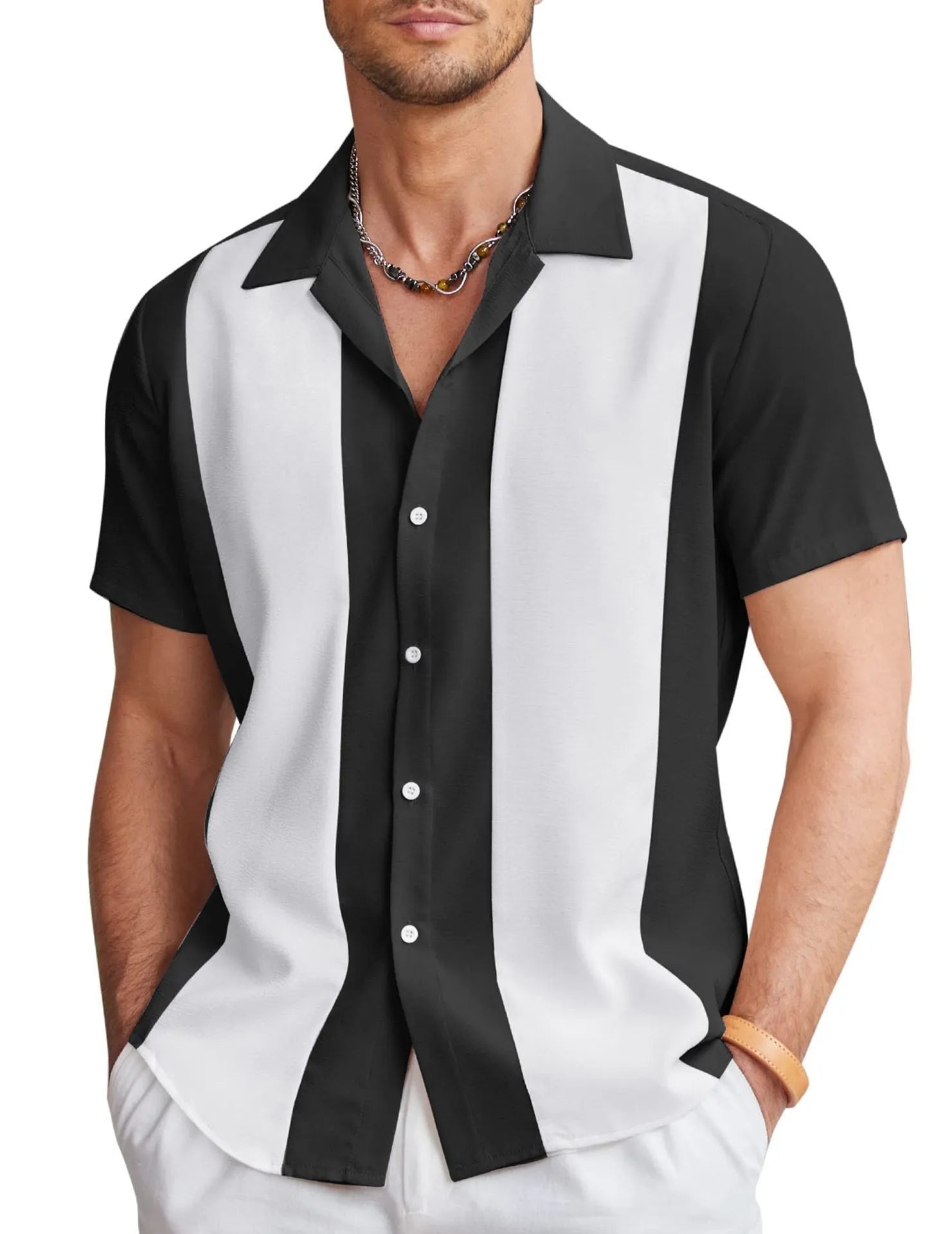 Men's slim fit Hawaiian short sleeve shirt with digital printing on elastic polyester fabric