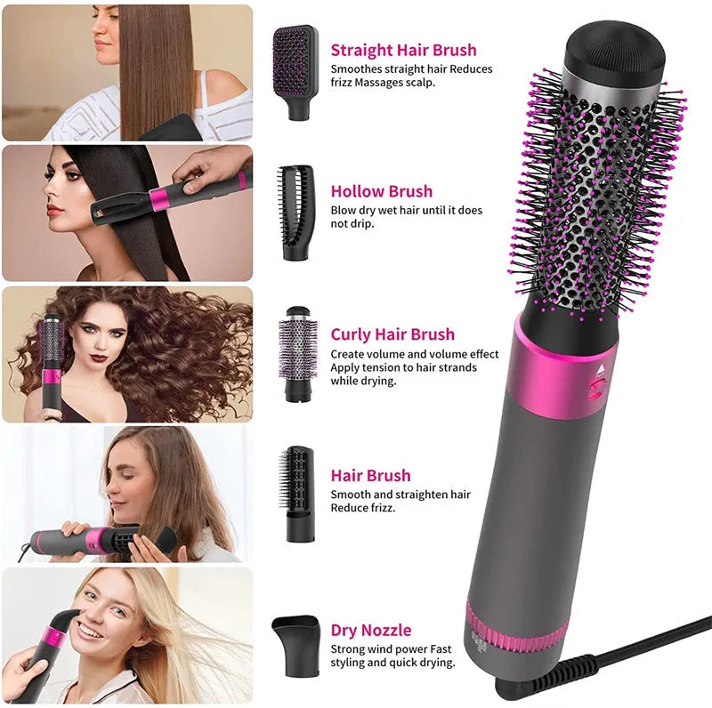 Dyson grey 5-in-1 hair dryer brush kit with five interchangeable styling heads on a white background.