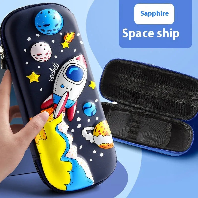 3D leather pencil case in a box shape showing one of the available design options such as a spaceship or unicorn