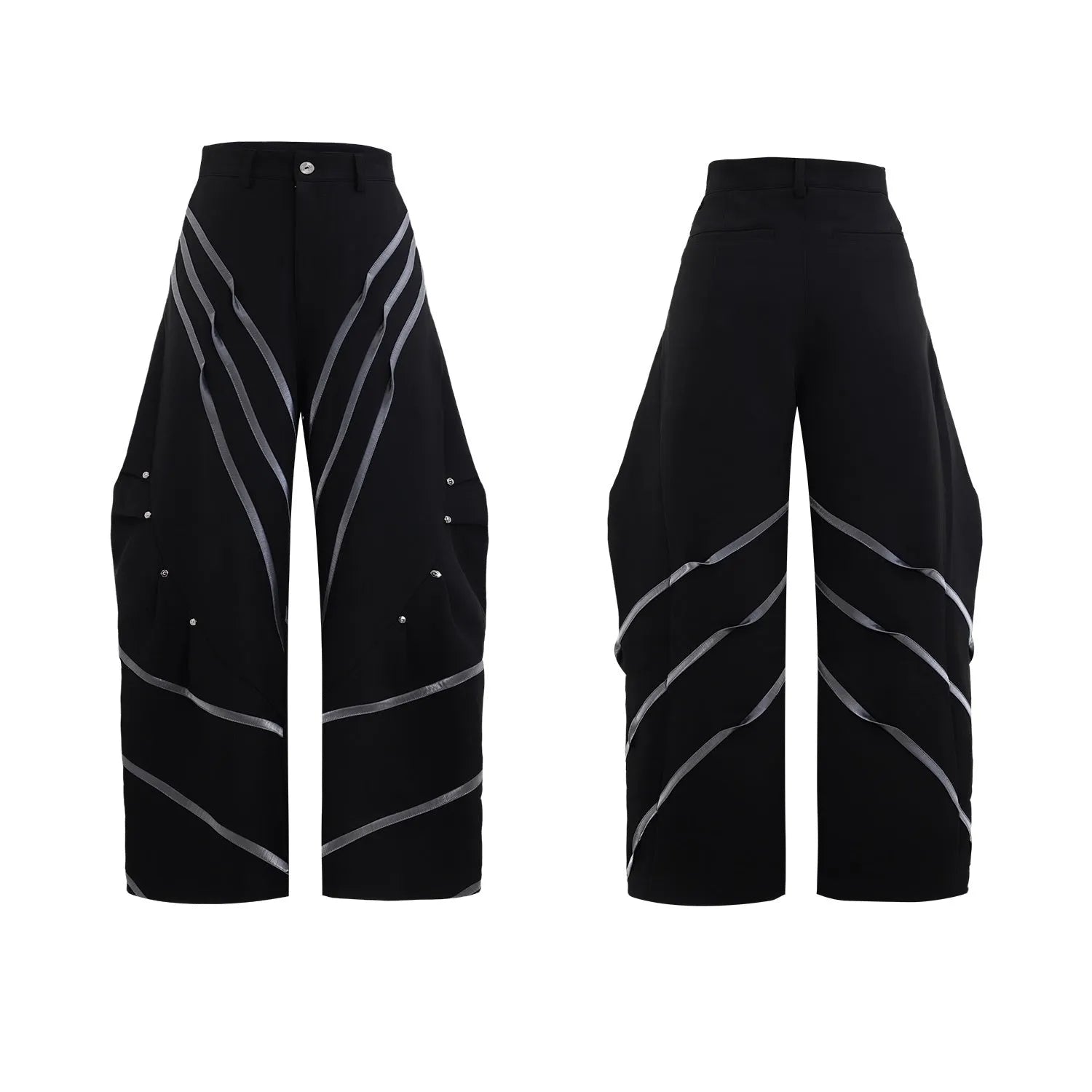 Men's black trousers with metal striped rivet pleats and three-dimensional cutting detail