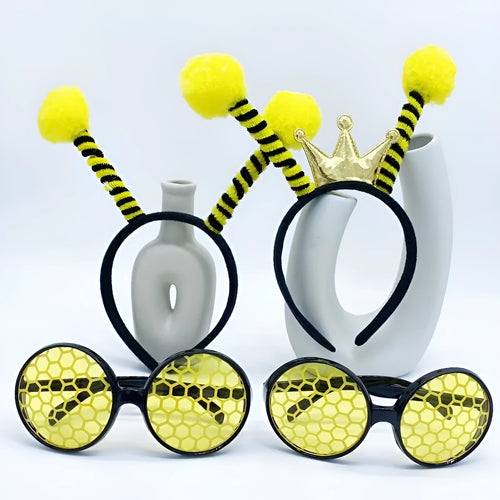 Yellow bee costume headband and glasses set with black stripes for children's dress up and parties