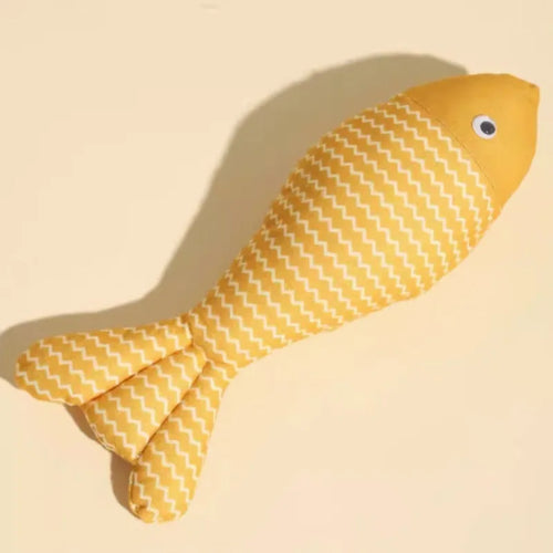 Soft red, blue, and yellow plush fish cat toys filled with catnip in large and medium sizes.