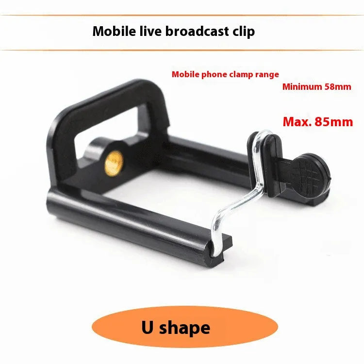 Black plastic U-clip mobile phone holder with adjustable hose bracket for universal smartphone mounting