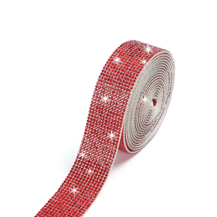 Self-adhesive glass rhinestone strip on a roll showing white and AB colour options.