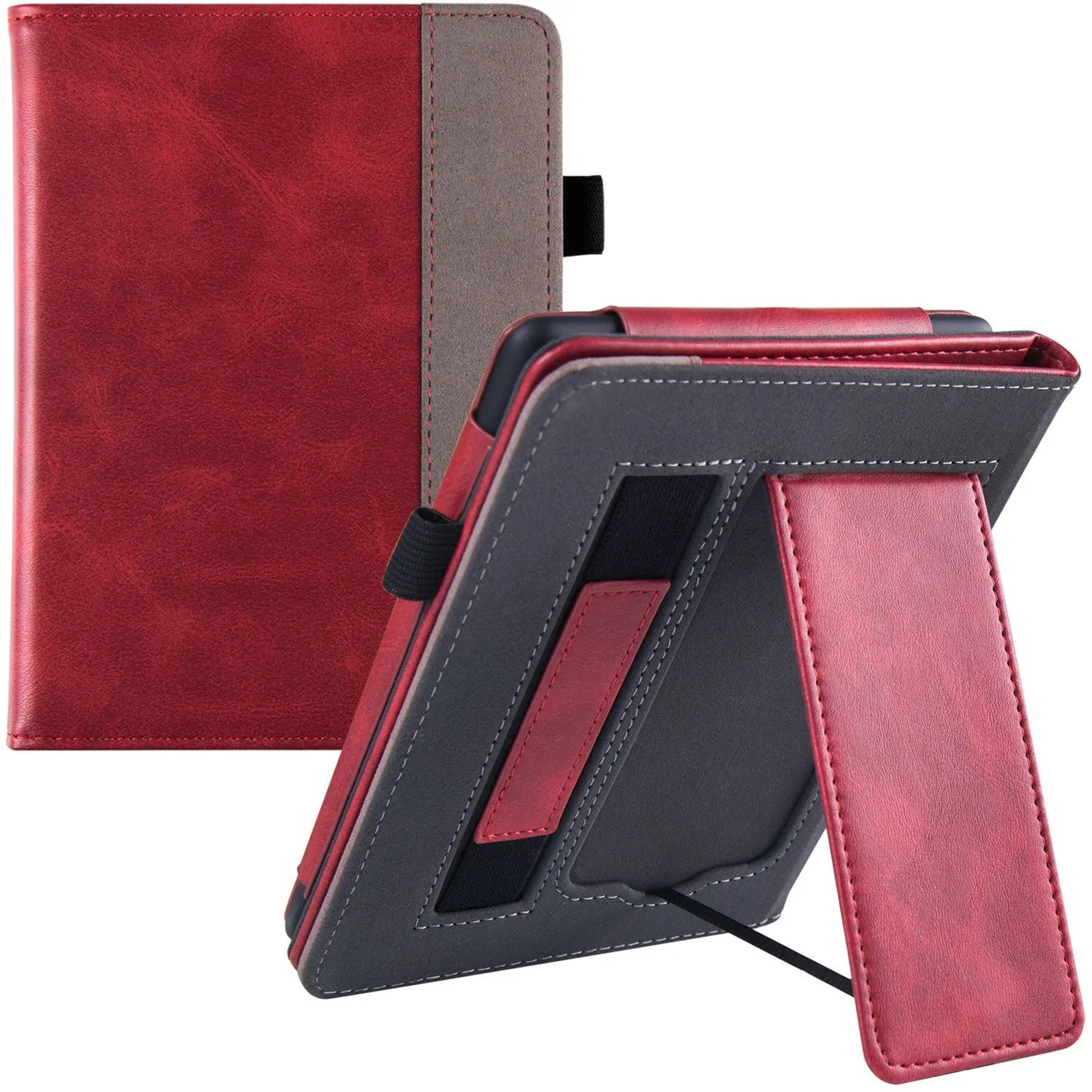 Kindle Paperwhite 5 leather case showing hand strap bracket and magnetic closure in a choice of colours and designs.
