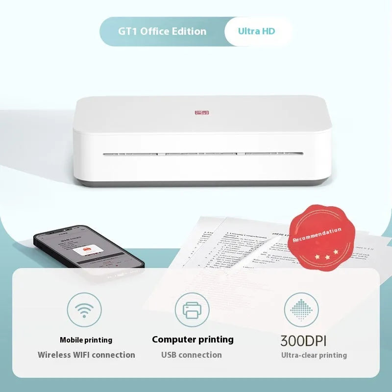 Small white plastic intelligent remote learning printer with a ribbon cartridge on a desk.