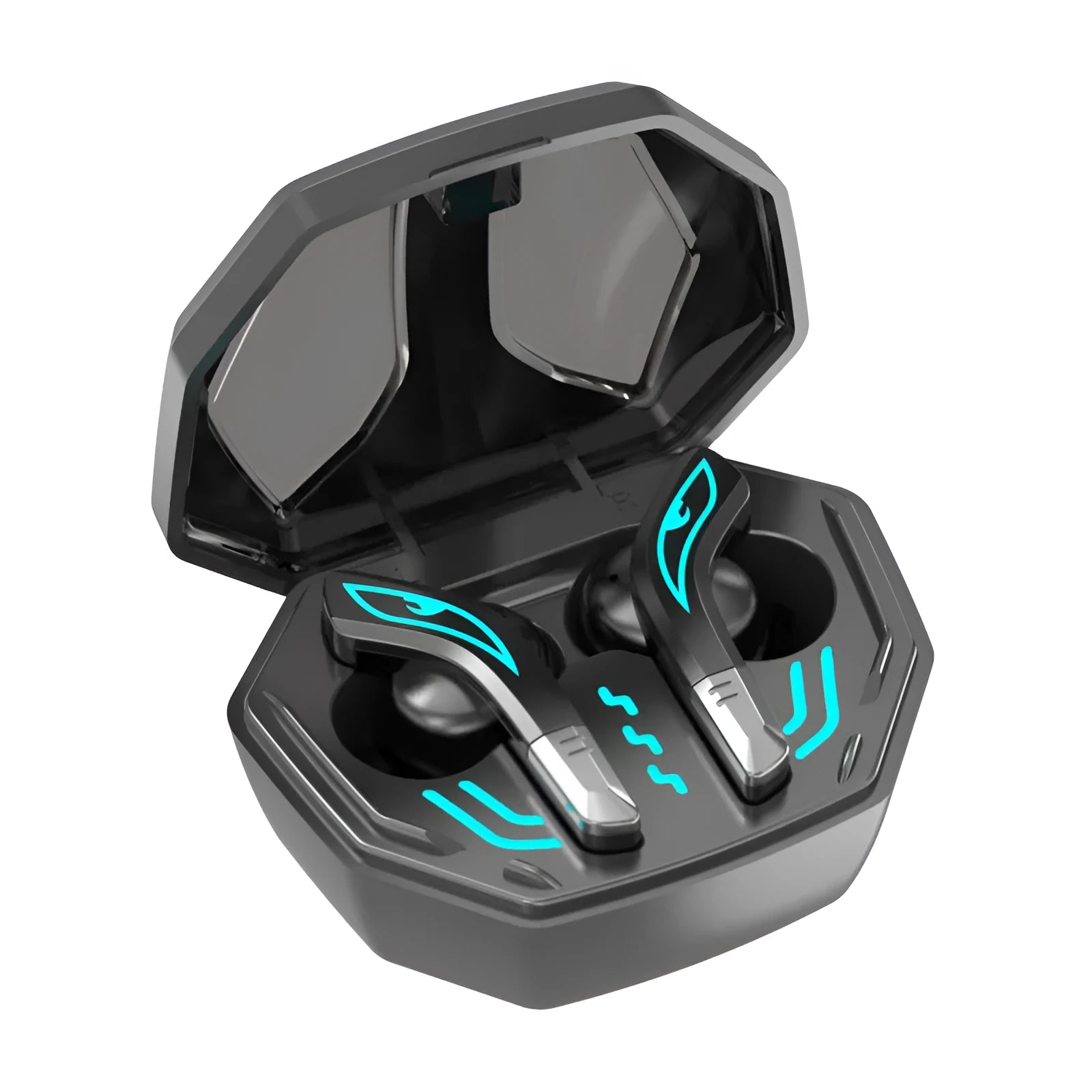 Black X15 wireless Bluetooth gaming earbuds with charging case on a dark surface.