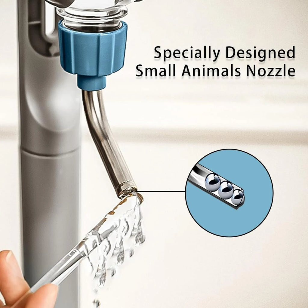 Blue small animal cage water bottle with rotatable nozzle mounted on metal bars
