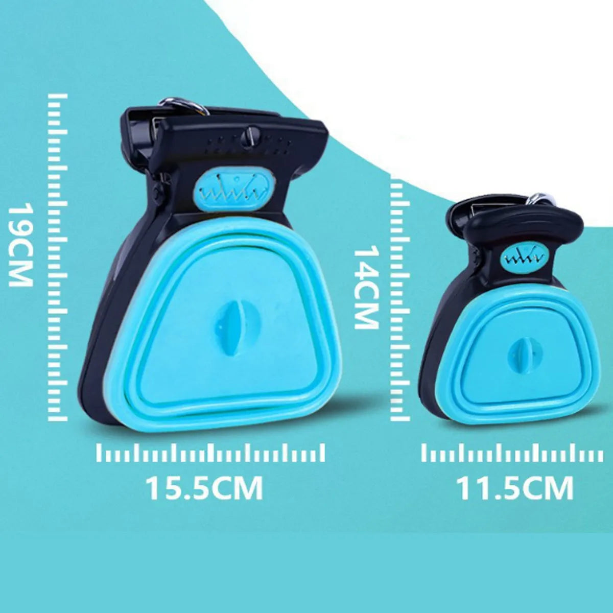 Handheld portable pooper scooper with expandable container and clip for dog waste collection in blue green grey or yellow