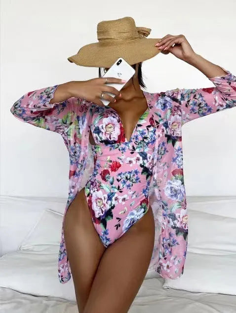 Women's floral tight bikini three-piece suit with coat in polyester fabric