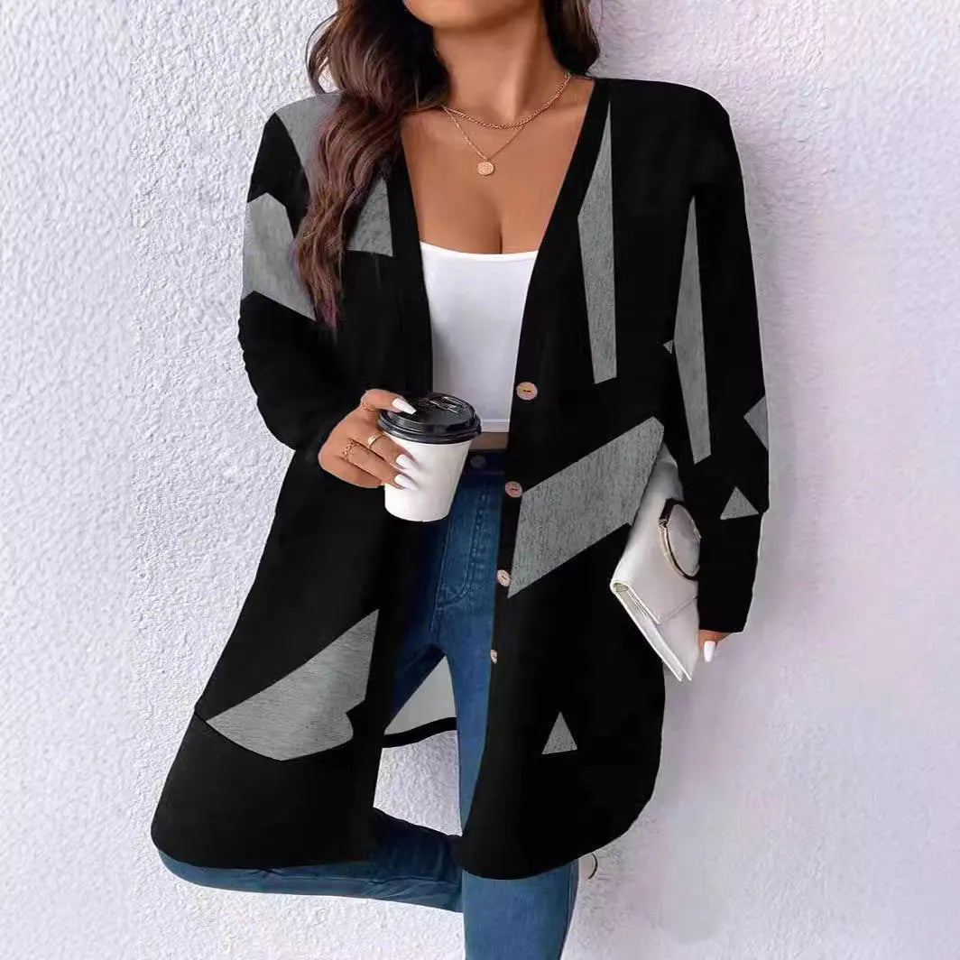 Black loose fit plus size casual cardigan with button details on a hanger.