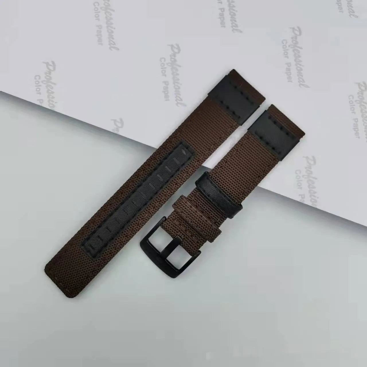Oxford cloth watch strap shown in multiple colours including camouflage, army green, and black, with size options for 20mm, 22mm, and 24mm widths.
