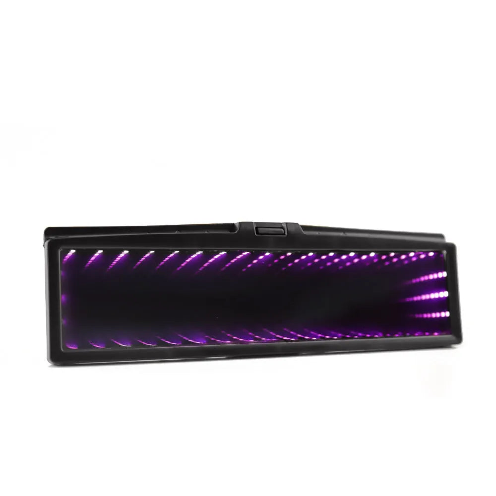 Blue plastic car rearview mirror with illuminated lighting and a wide, flat reflective surface.