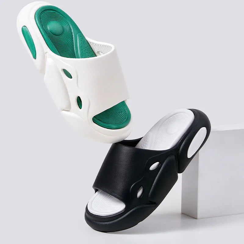 Women's and men's two-colour thick-soled EVA slippers with leather lining on a beach