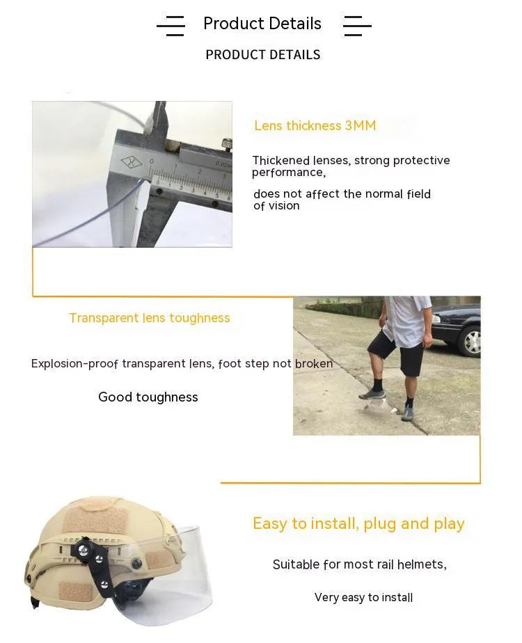 Transparent windproof explosion-proof face mask with guide rail for helmet mounting.
