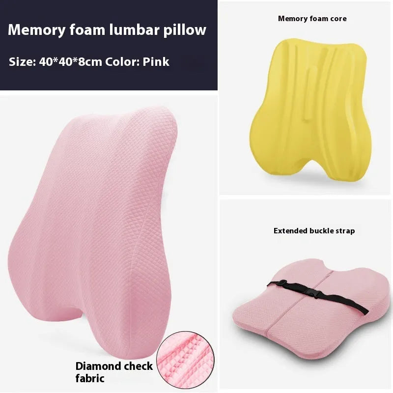 Grey contoured lumbar support cushion for office chair, shown next to navy blue and pink colour options.