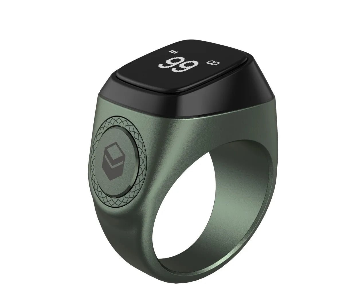 Zikr1 smart ring in black, green, rose gold, or silver on charging case with OLED display showing dhikr count.