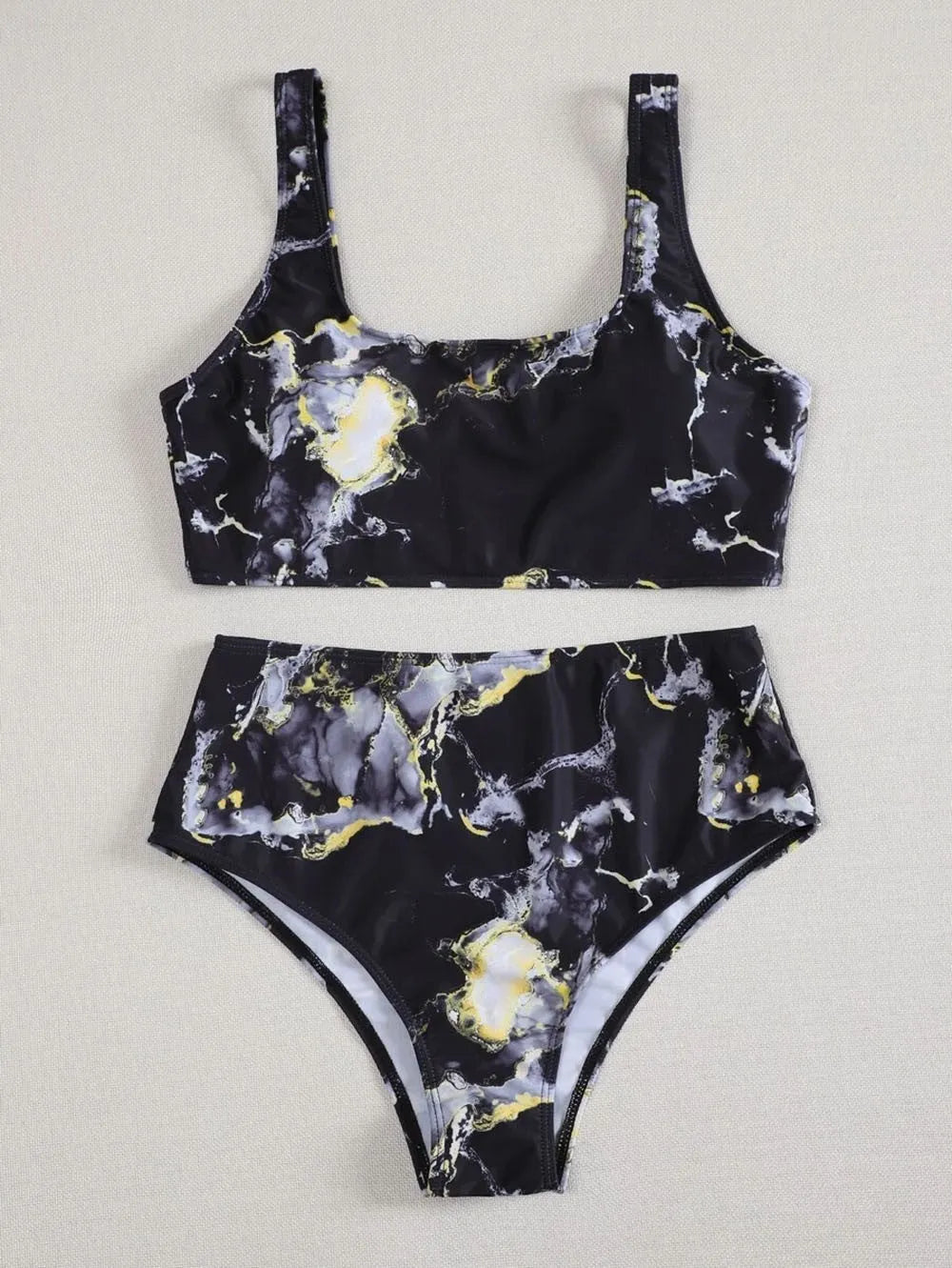 Women's marble tie-dye bikini set with U-neck top and high-waist briefs in blue colour variation