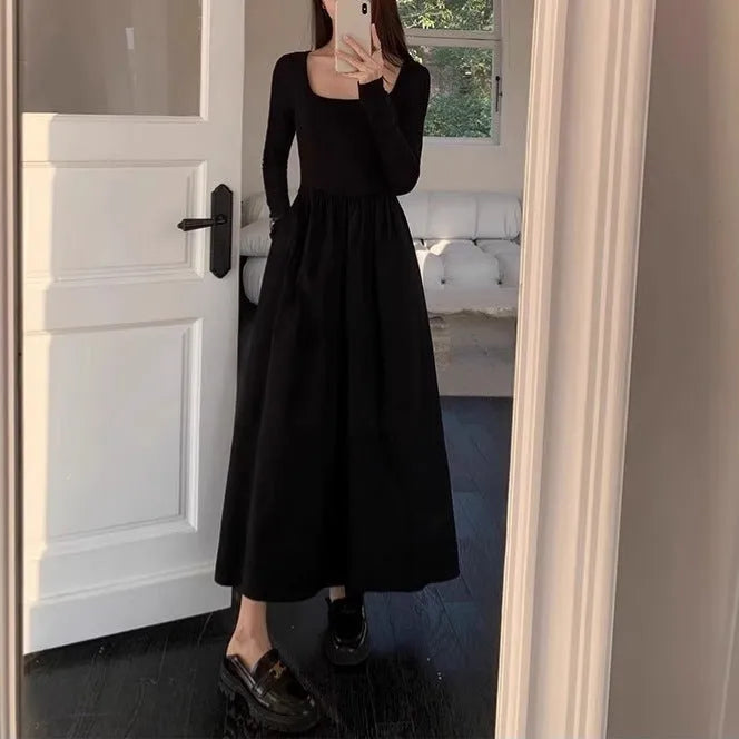 Women's black square collar knitted A-line dress with long sleeves and elastic waist
