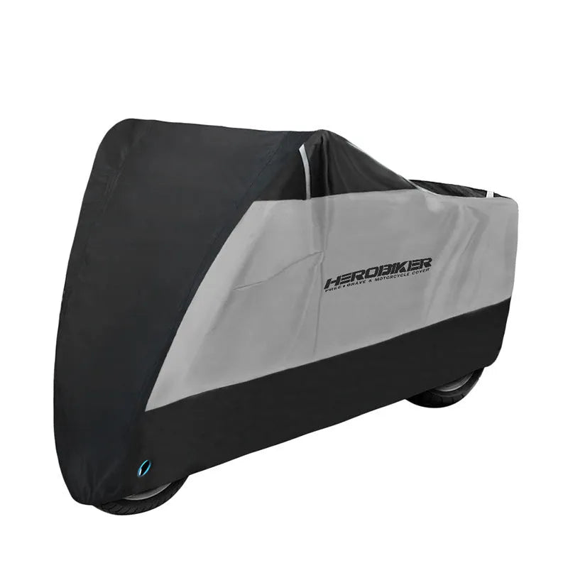 Motorcycle rain cover for electric vehicles in black with red accents showing anti-theft features