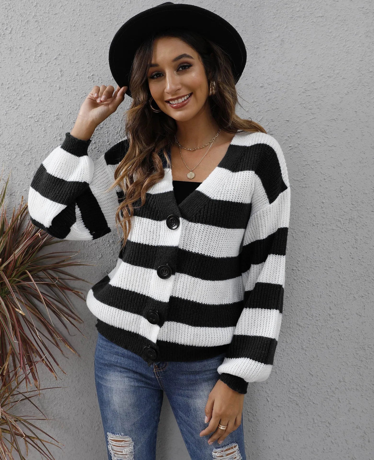 Women's striped cardigan with button stitching in deer plush polyester fabric, European American street fashion style