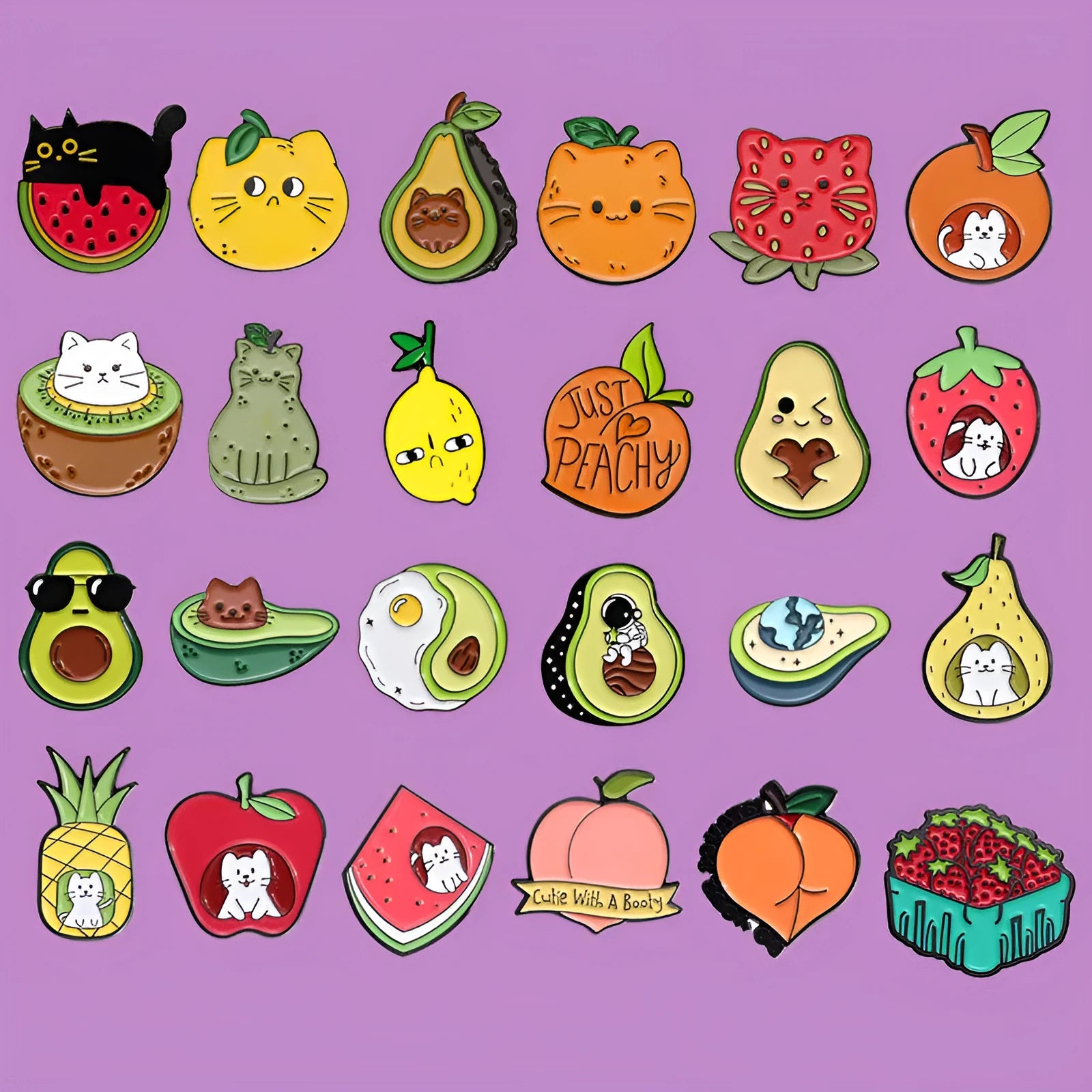 Colourful cartoon fruit design on a metal brooch pin with zinc alloy construction