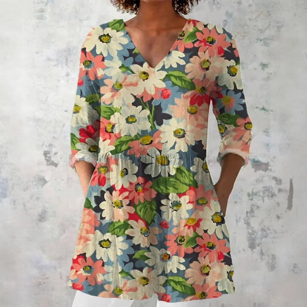 Women's retro slim fit long-sleeved top with digital printing, available in multiple colours.