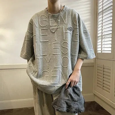 Men's black retro t-shirt with three-dimensional white letter design, loose fit short sleeve styling