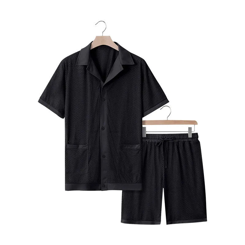 Women's thin polyester beach shorts suit with a see-through cardigan and matching shorts in lake blue.