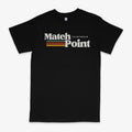 Black men's casual t-shirt with 3D digital text print, round neck, and short sleeves.