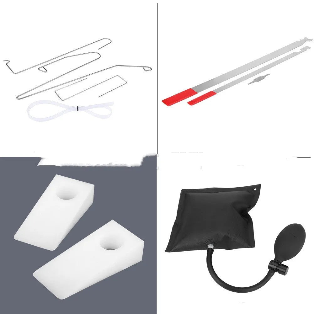 Nine-piece automotive emergency tool set showing air pump wedge, plastic wedges, hook tools and crowbars