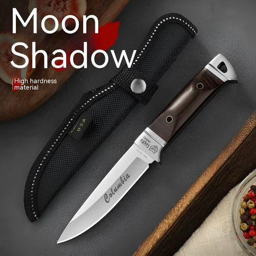 Camping multifunctional portable fruit knife with stainless steel blade and leather protective case.