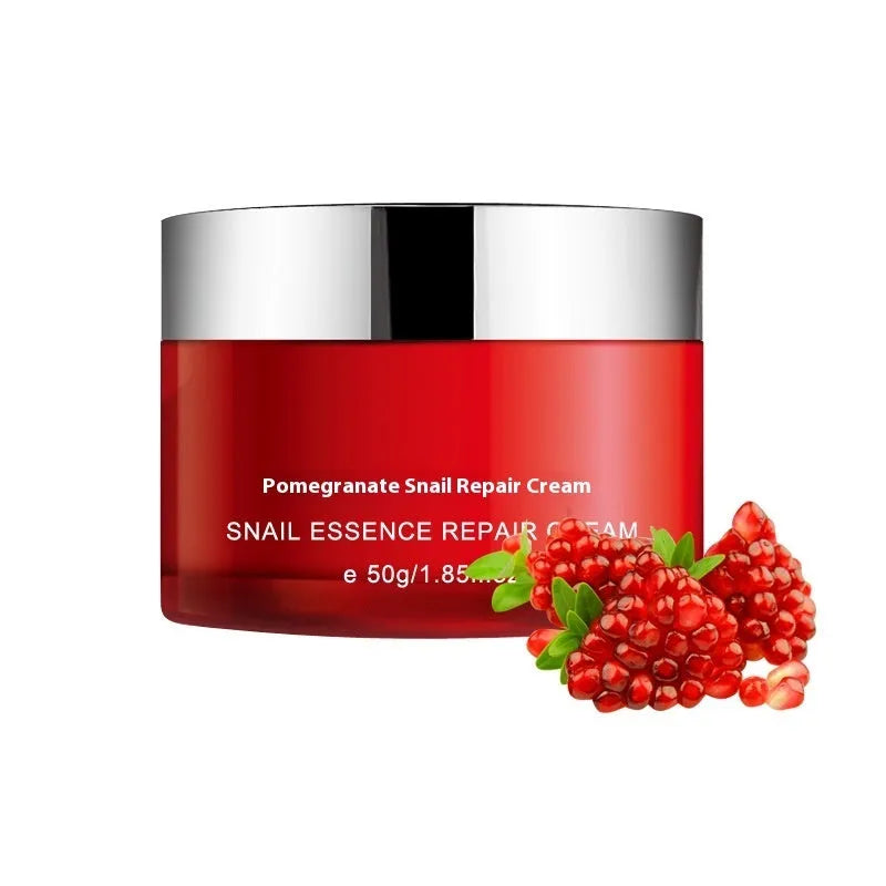 Red packaged pomegranate skincare set containing face wash, toner, lotion, and facial cream bottles.