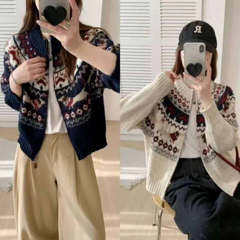 Ethnic jacquard pattern pullover sweater with 3D effect in loose fit