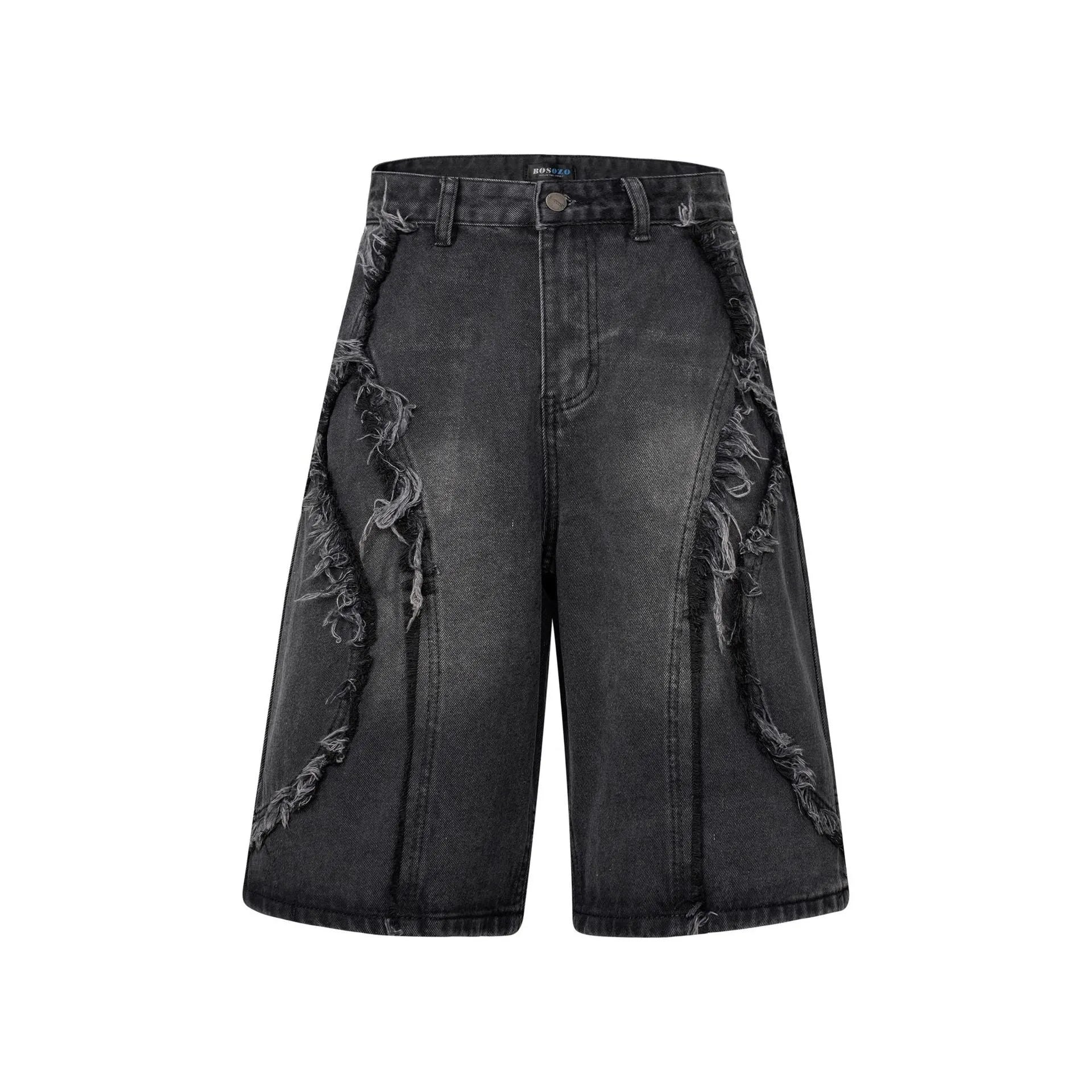 Distressed raw edge denim shorts in straight leg cut available in black, dark blue, and light blue colours