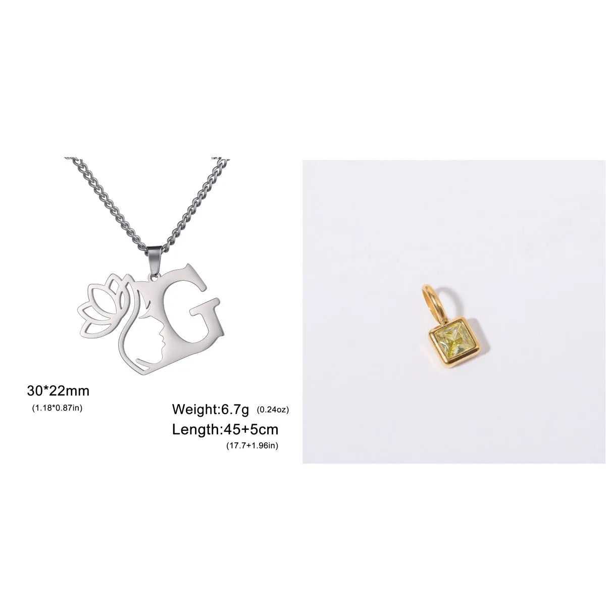 Stainless steel necklace with cross chain and a single letter pendant in gold or silver finish.