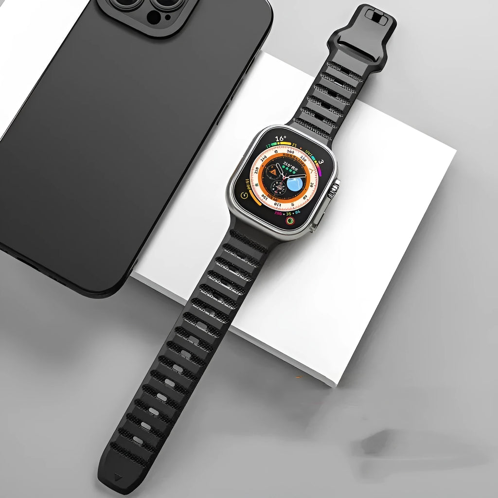 Fluoro rubber watch strap with T-buckle for Apple Watch Ultra and Series 1-8 models in multiple colours.