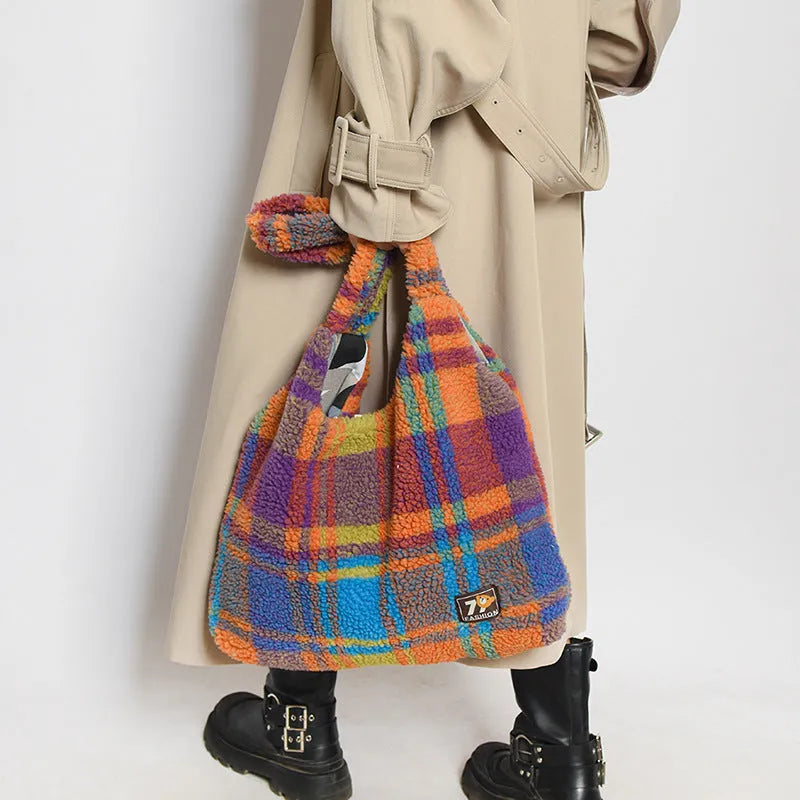 Women's plaid shoulder crossbody tote bag in plush material with large capacity
