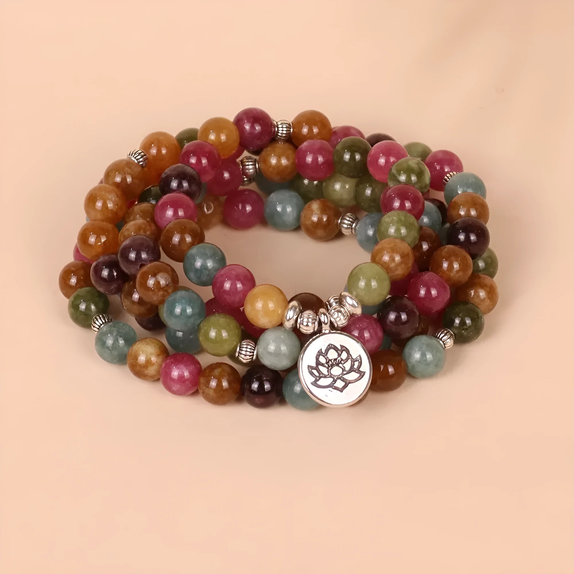 108-bead hanging bracelet in tourmaline colour with alloy beads and multi-layer lotus string design