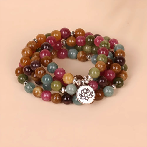 108-bead hanging bracelet in tourmaline colour with alloy beads and multi-layer lotus string design