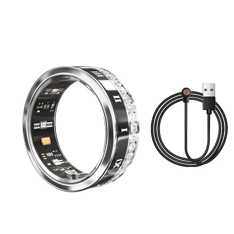 Diamond-inlaid smart ring in gold and silver colours showing health monitoring technology