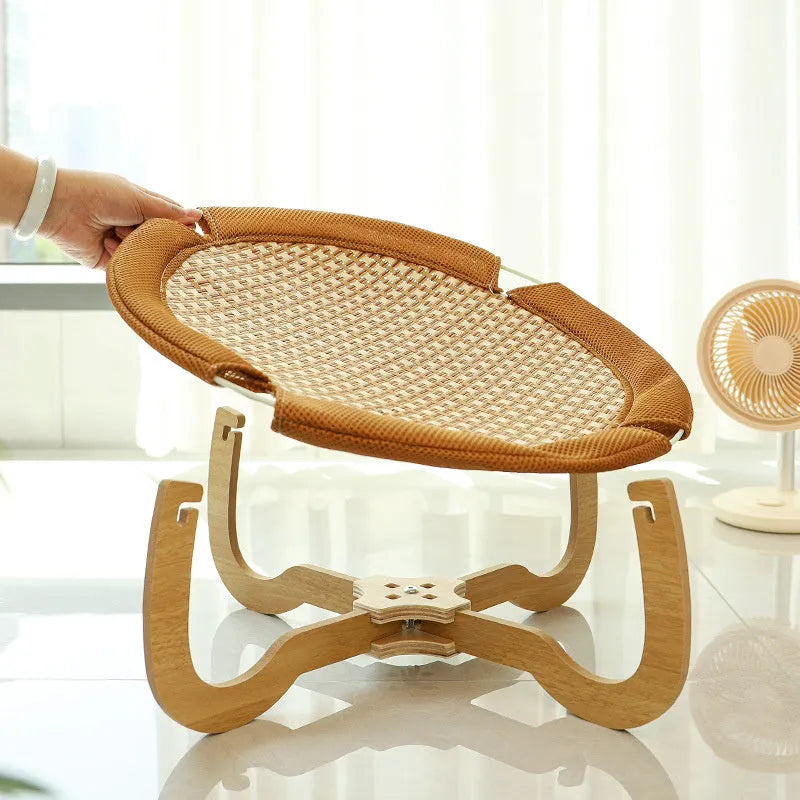 Brown woven rattan pet hammock bed measuring 46cm square with elevated design for cats and dogs