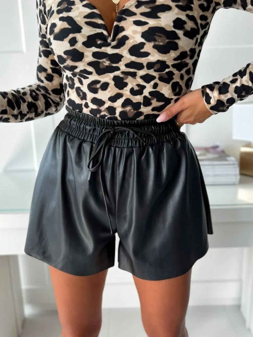 Women's black drawstring lace-up PU leather wide-leg casual shorts with mid waist design
