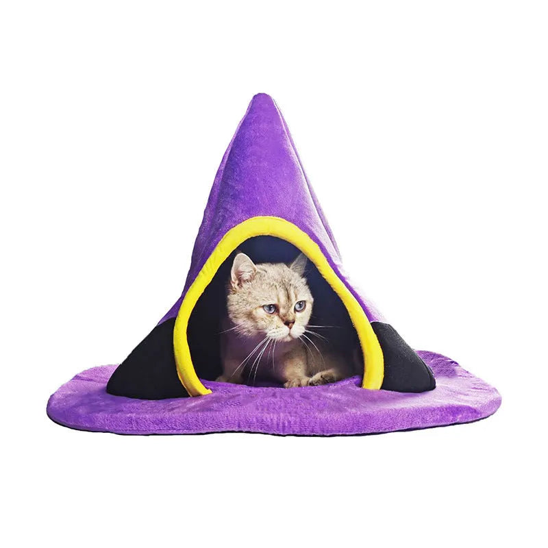 Purple cloth cat nest in Halloween witch hat shape measuring 60x45cm for small pets