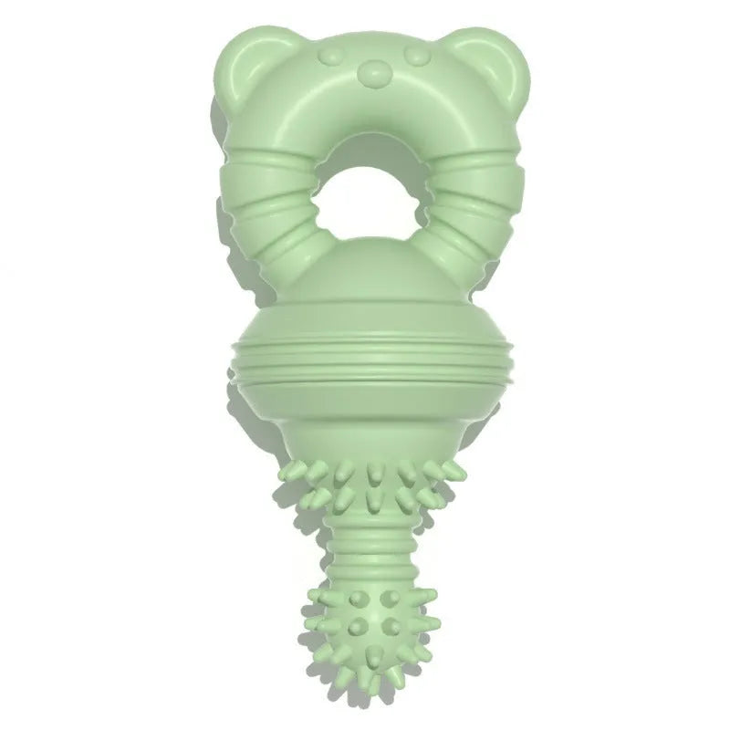 Blue rubber dog chew toy with textured surface and internal bell, shown next to a tape measure indicating 13.5 cm length.