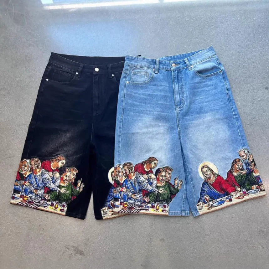 Men's blue cotton shorts with Jesus printed design on back pocket showing tapered fit