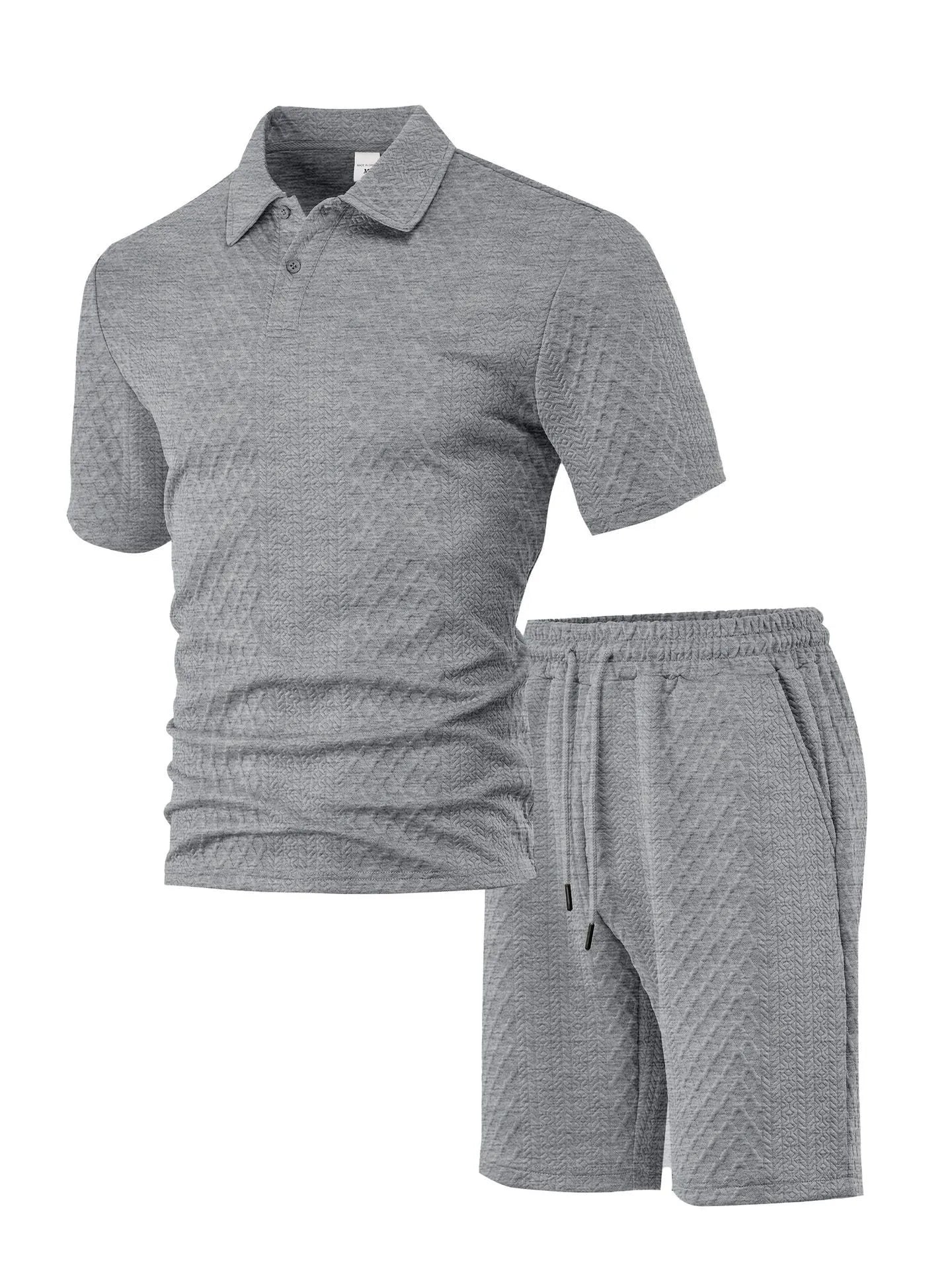 Men's casual short sleeve polo suit with matching trousers in polyester figure cloth, showing colour options.