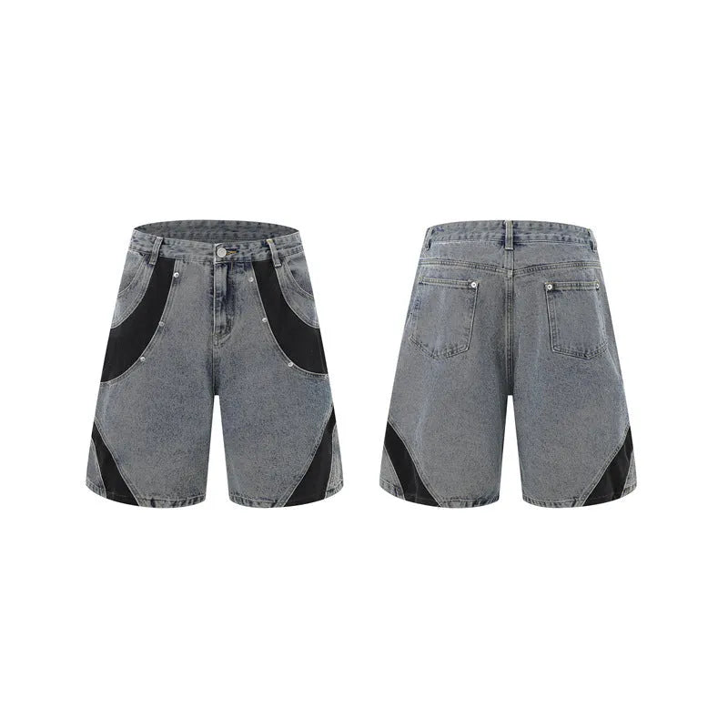 Retro washed denim suit with short-sleeved jacket and matching trousers in black or blue
