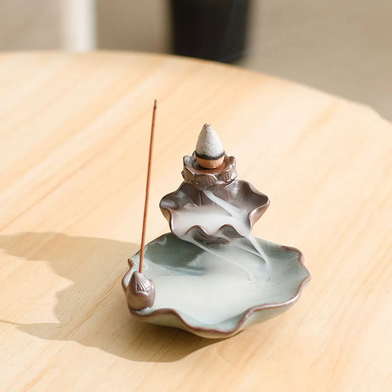 Ceramic reverse flow incense burner with purple clay in traditional Chinese designs