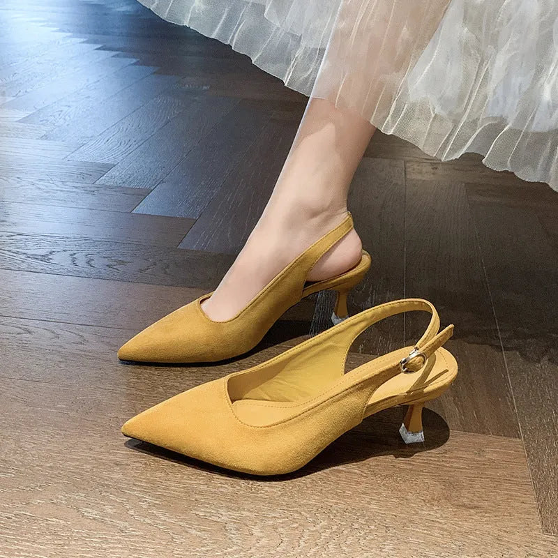 Women's pointed stiletto high heel shoes in suede, showing apricot, pink, blue, and yellow colour options.